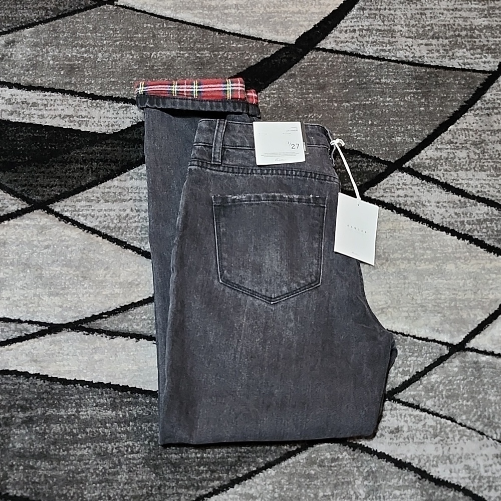KANCAN LOS ANGELES BLACK DISTRESSED PLAID PATCHED STRAIGHT FIT DENIM JEAN